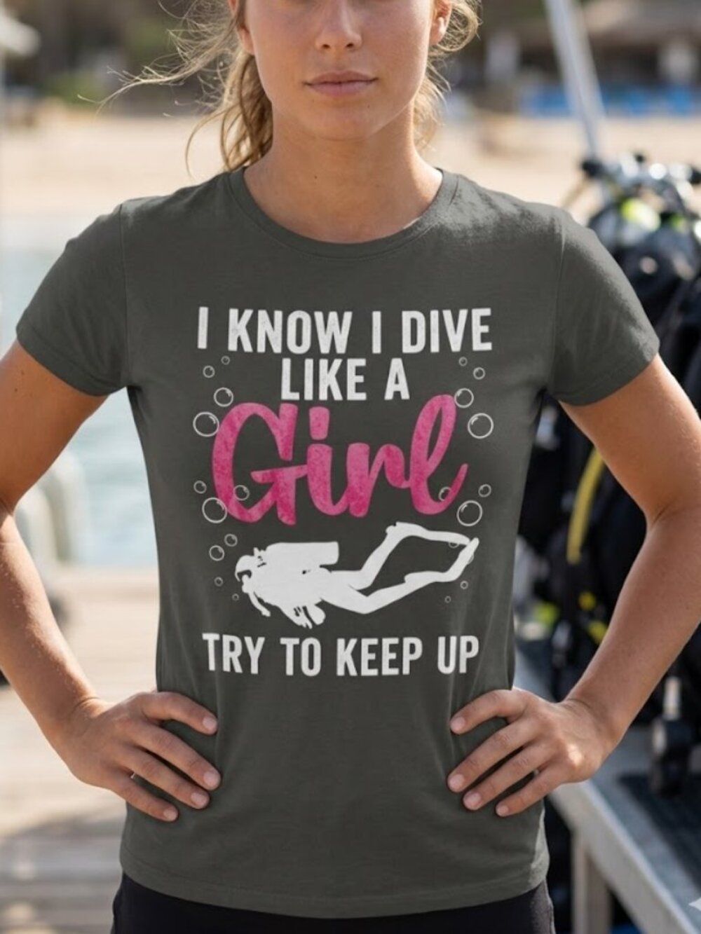 *3 FOR $9* NEW Port & Company I Know I Dive Like A Girl Try To Keep Up Tee Top S